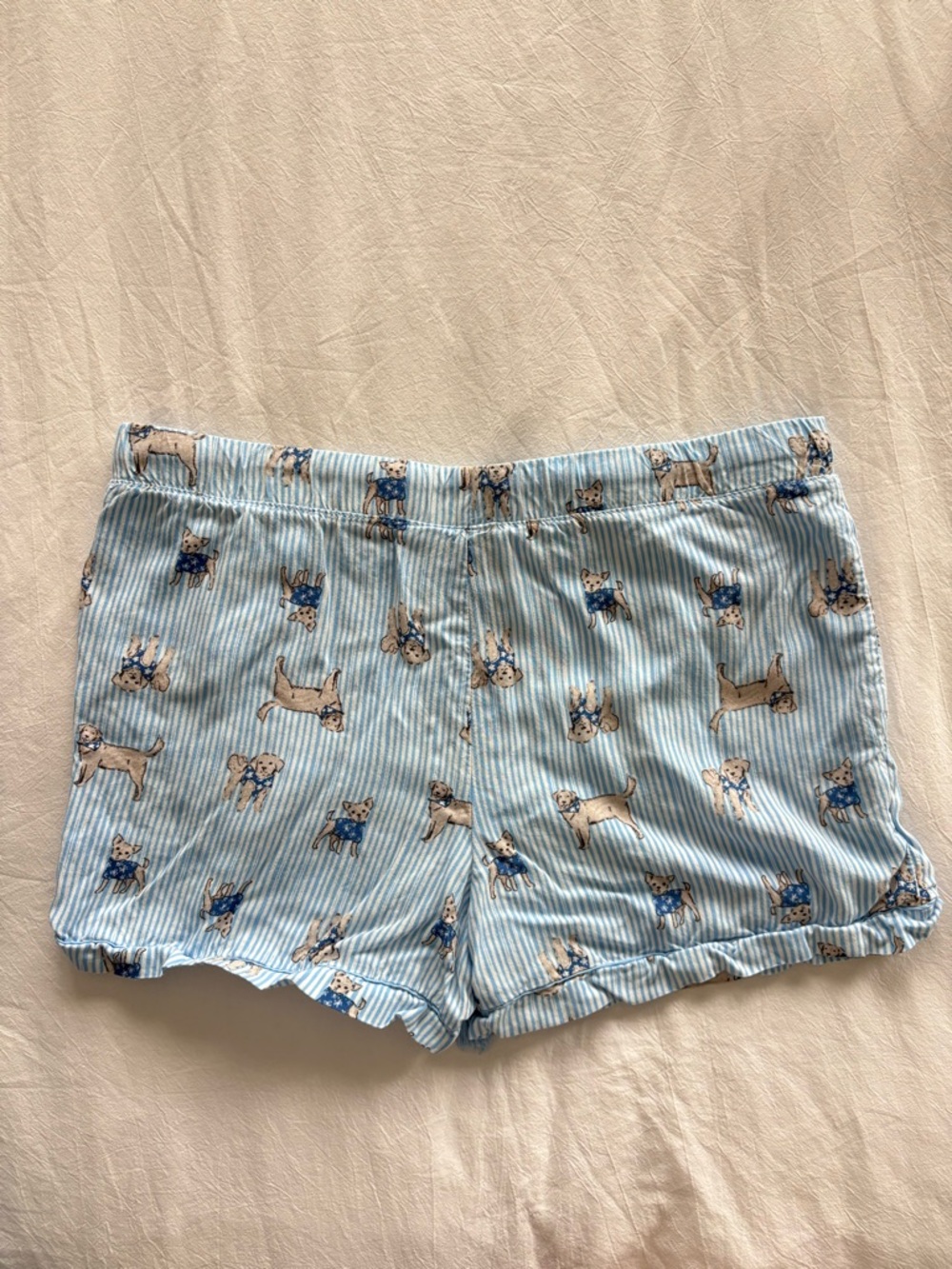 Light Blue Striped High-Waist Women’s Shorts with Dog Print - Picture 2 of 4